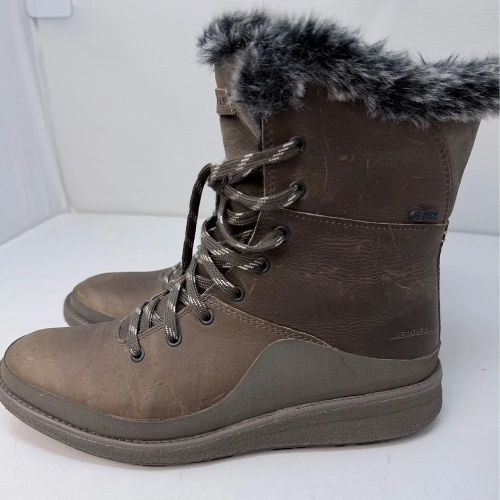 Merrell M-Select DRY Waterproof Brown Leather Faux Fur Winter Boots Womens